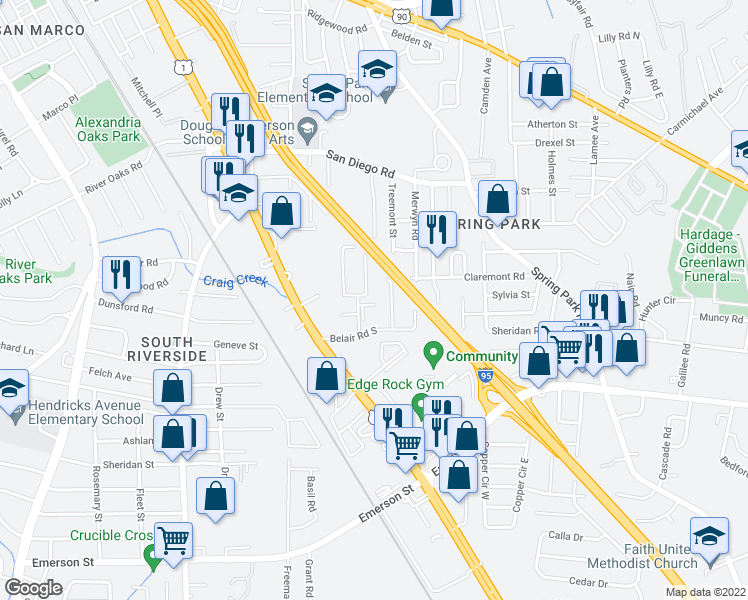 map of restaurants, bars, coffee shops, grocery stores, and more near 2931 Stonemont Street in Jacksonville