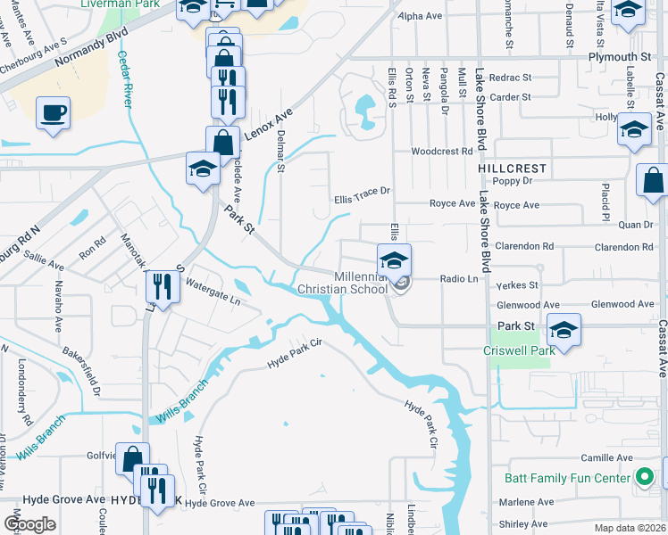 map of restaurants, bars, coffee shops, grocery stores, and more near 6054 Park Street in Jacksonville