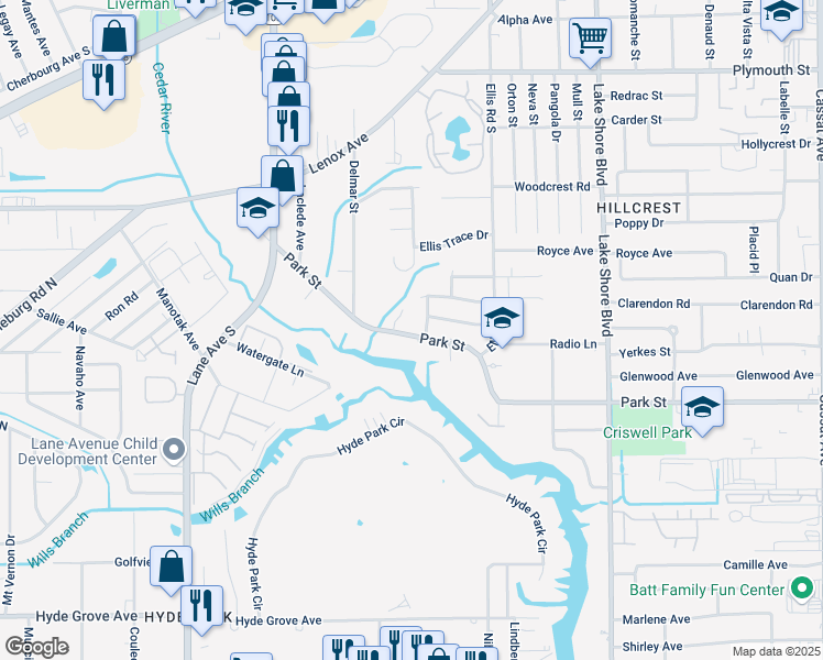 map of restaurants, bars, coffee shops, grocery stores, and more near 6128 Park Street in Jacksonville