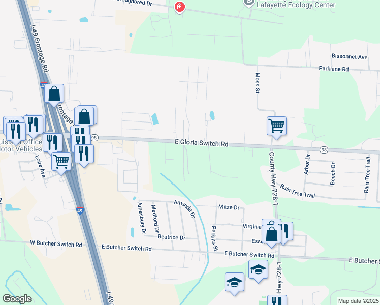 map of restaurants, bars, coffee shops, grocery stores, and more near 204 Candy Drive in Lafayette