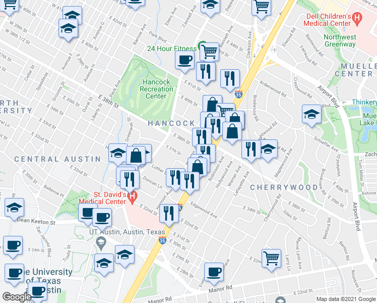 map of restaurants, bars, coffee shops, grocery stores, and more near 3500 Harmon Avenue in Austin