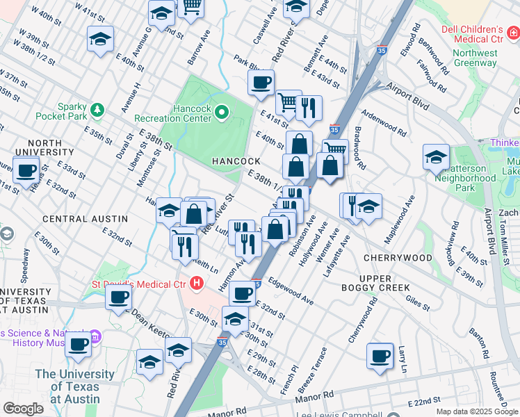 map of restaurants, bars, coffee shops, grocery stores, and more near 3500 Harmon Avenue in Austin