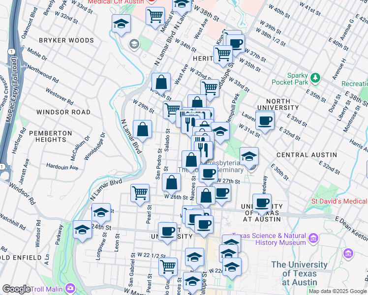 map of restaurants, bars, coffee shops, grocery stores, and more near 2806 Nueces Street in Austin