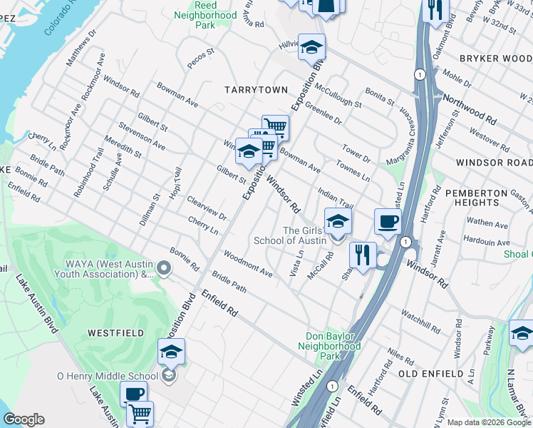 map of restaurants, bars, coffee shops, grocery stores, and more near 2003 Stamford Lane in Austin