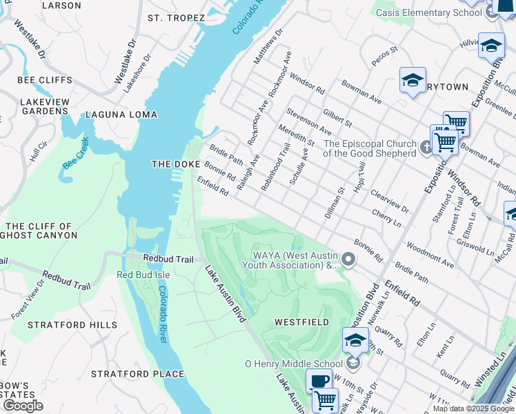 map of restaurants, bars, coffee shops, grocery stores, and more near 3402A Enfield Road in Austin