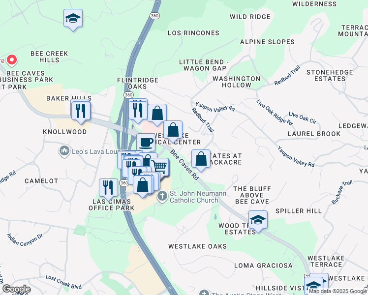 map of restaurants, bars, coffee shops, grocery stores, and more near 1786 Redbud Trail in West Lake Hills