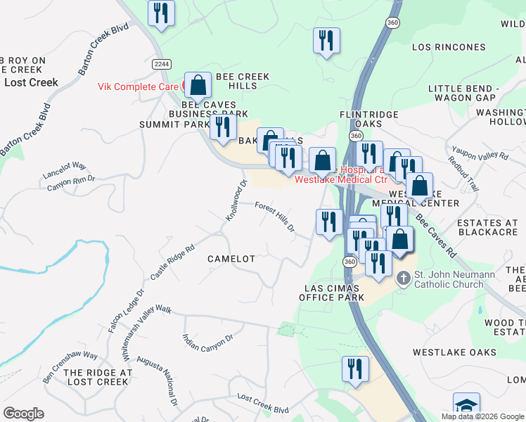 map of restaurants, bars, coffee shops, grocery stores, and more near 6301 Forest Hills Drive in Austin