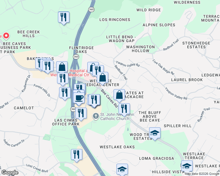 map of restaurants, bars, coffee shops, grocery stores, and more near 5524 Bee Caves Road in West Lake Hills