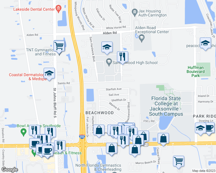 map of restaurants, bars, coffee shops, grocery stores, and more near 11658 Starfish Avenue in Jacksonville
