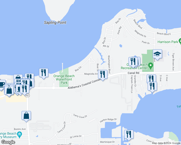 map of restaurants, bars, coffee shops, grocery stores, and more near 26685 Magnolia Avenue in Orange Beach