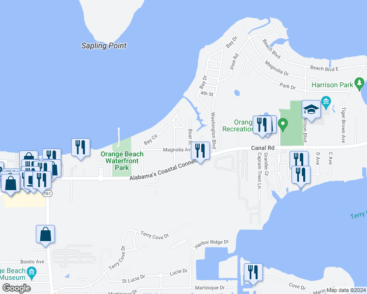 map of restaurants, bars, coffee shops, grocery stores, and more near 26695 Magnolia Avenue in Orange Beach