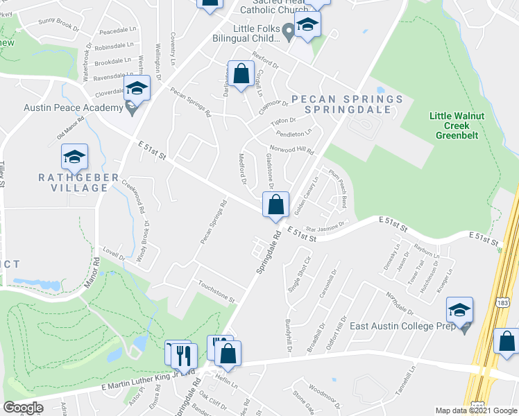 map of restaurants, bars, coffee shops, grocery stores, and more near 3108 East 51st Street in Austin