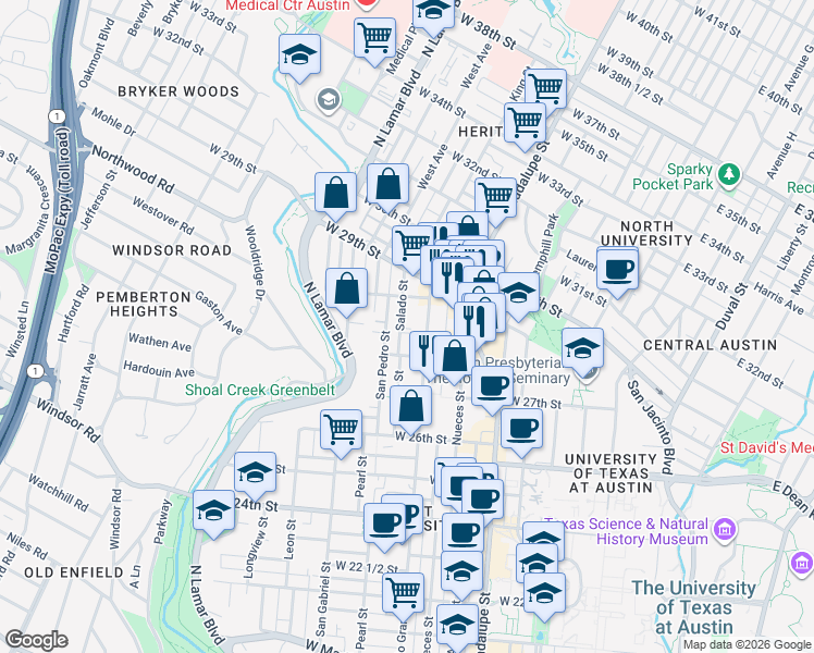 map of restaurants, bars, coffee shops, grocery stores, and more near 2811 Salado Street in Austin