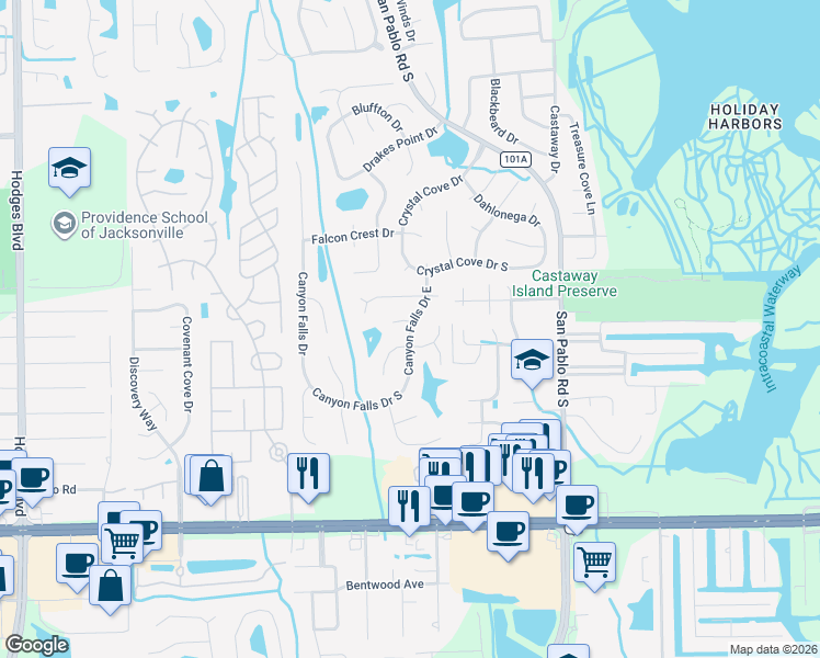 map of restaurants, bars, coffee shops, grocery stores, and more near Canyon Falls Drive East in Jacksonville