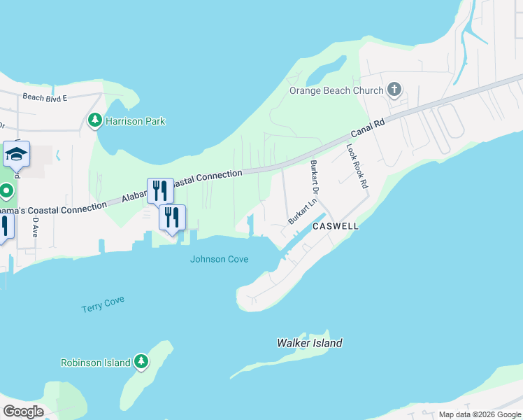 map of restaurants, bars, coffee shops, grocery stores, and more near 4610 White Avenue in Orange Beach
