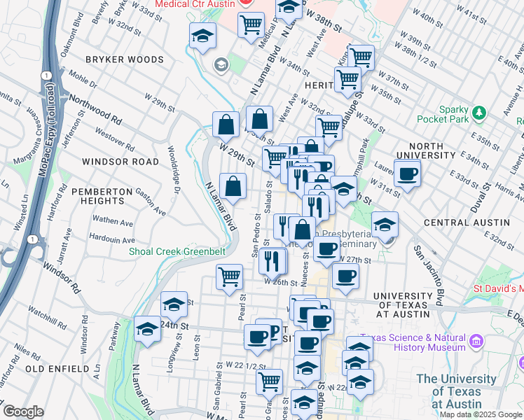 map of restaurants, bars, coffee shops, grocery stores, and more near 2806 San Pedro Street in Austin