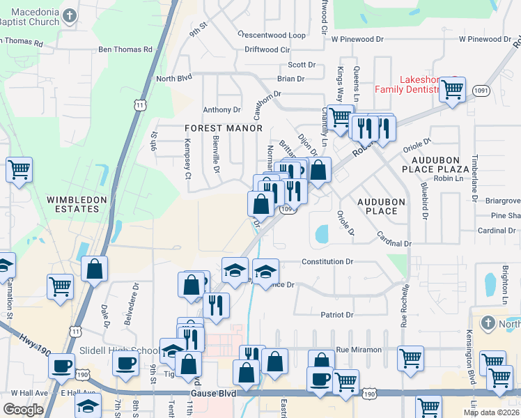 map of restaurants, bars, coffee shops, grocery stores, and more near 106 Fountain Drive in Slidell
