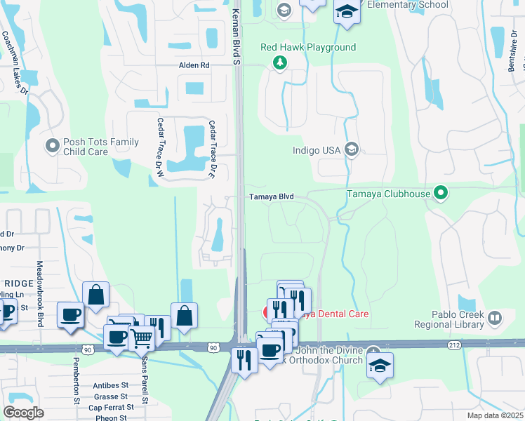 map of restaurants, bars, coffee shops, grocery stores, and more near 3050 Tamaya Boulevard in Jacksonville