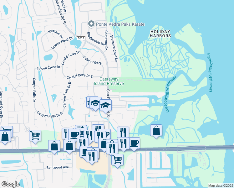 map of restaurants, bars, coffee shops, grocery stores, and more near 1444 Pablo Lane in Jacksonville