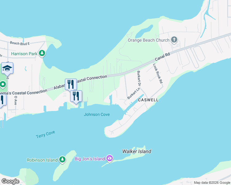 map of restaurants, bars, coffee shops, grocery stores, and more near 4610 White Avenue in Orange Beach