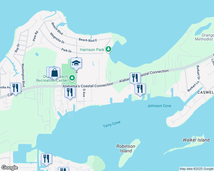 map of restaurants, bars, coffee shops, grocery stores, and more near 27582 Canal Road in Orange Beach