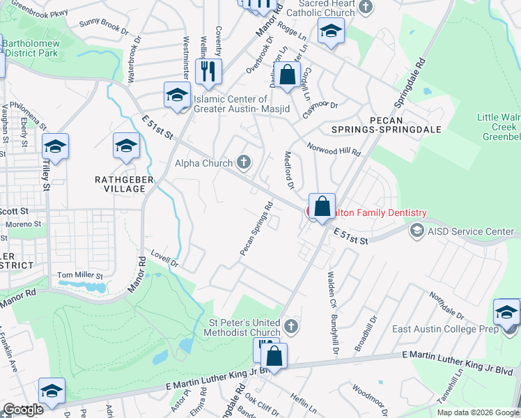 map of restaurants, bars, coffee shops, grocery stores, and more near 5001 Pecan Springs Road in Austin