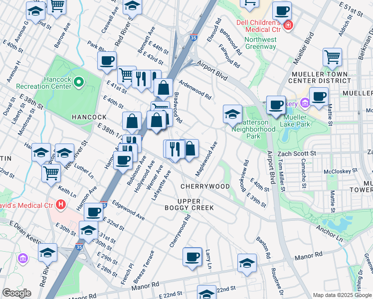 map of restaurants, bars, coffee shops, grocery stores, and more near 1502 Ashwood Road in Austin