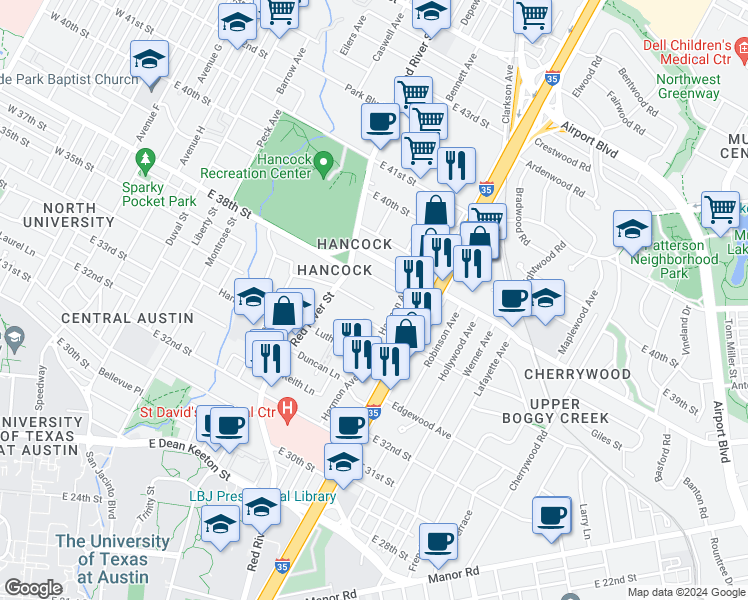 map of restaurants, bars, coffee shops, grocery stores, and more near 3500 Harmon Avenue in Austin