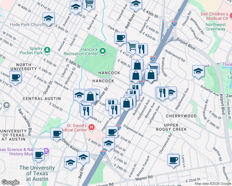map of restaurants, bars, coffee shops, grocery stores, and more near 3500 Harmon Avenue in Austin