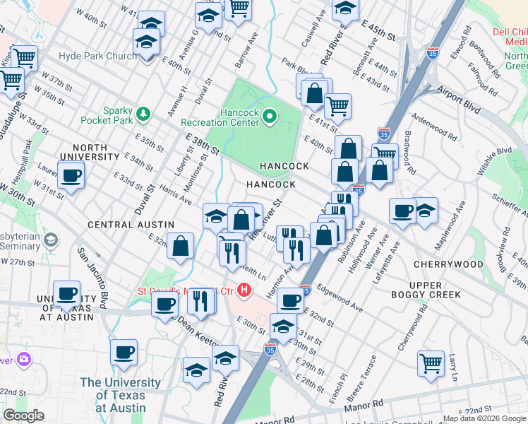 map of restaurants, bars, coffee shops, grocery stores, and more near 3412 Red River Street in Austin