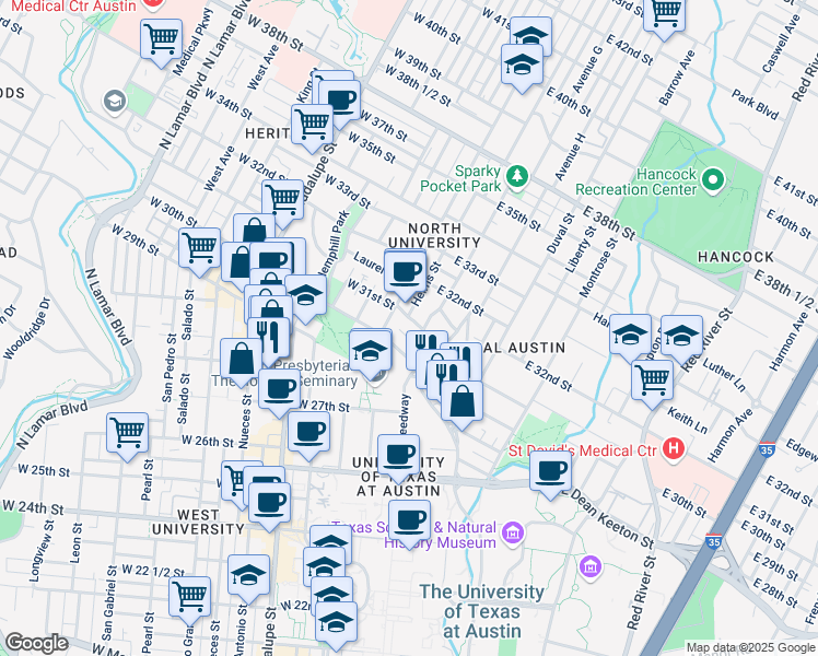 map of restaurants, bars, coffee shops, grocery stores, and more near 105 East 30th Street in Austin