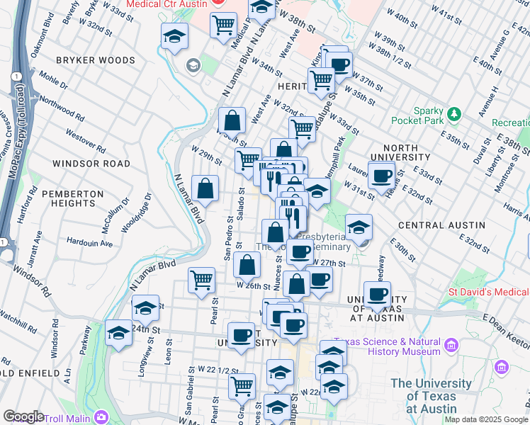 map of restaurants, bars, coffee shops, grocery stores, and more near 2806 Nueces Street in Austin