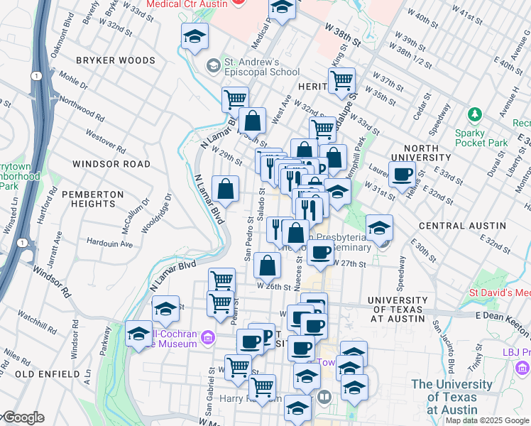 map of restaurants, bars, coffee shops, grocery stores, and more near 2804 Rio Grande Street in Austin