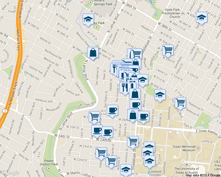 map of restaurants, bars, coffee shops, grocery stores, and more near 2804 Rio Grande Street in Austin