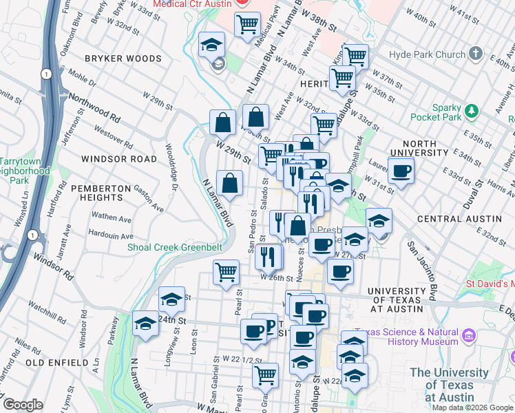 map of restaurants, bars, coffee shops, grocery stores, and more near 2806 San Pedro Street in Austin