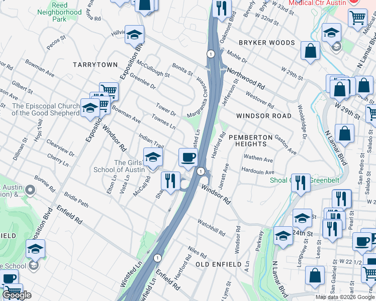 map of restaurants, bars, coffee shops, grocery stores, and more near 2006 Indian Trail in Austin