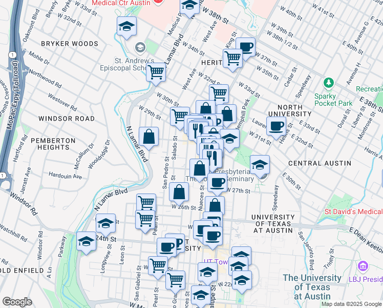 map of restaurants, bars, coffee shops, grocery stores, and more near 2806 Nueces Street in Austin