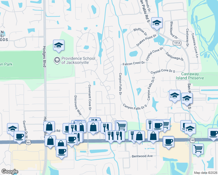 map of restaurants, bars, coffee shops, grocery stores, and more near 2902 Suni Pines Drive in Jacksonville
