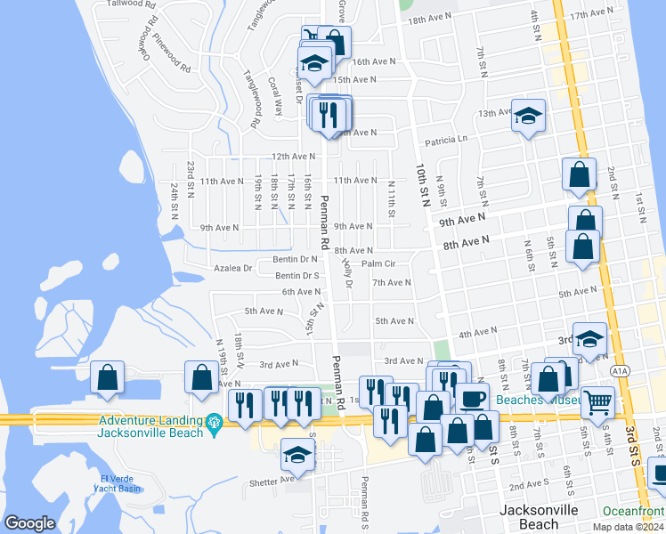 map of restaurants, bars, coffee shops, grocery stores, and more near 1510 Bentin Drive South in Jacksonville Beach