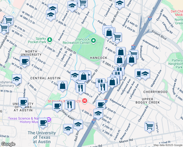 map of restaurants, bars, coffee shops, grocery stores, and more near 3508 Red River Street in Austin