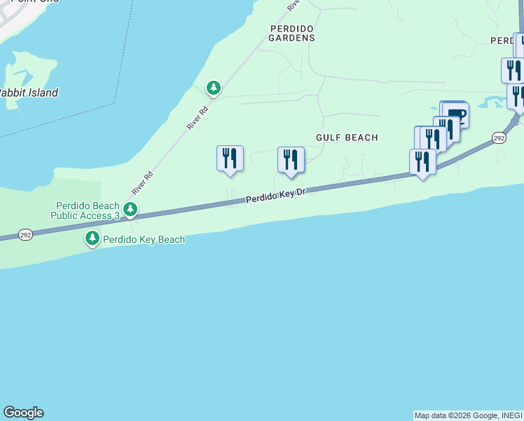 map of restaurants, bars, coffee shops, grocery stores, and more near 14505 Perdido Key Drive in Pensacola