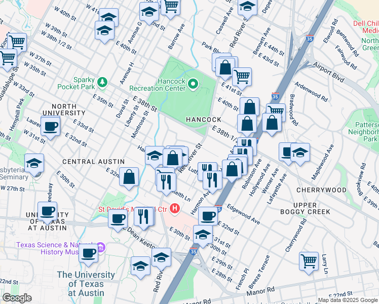 map of restaurants, bars, coffee shops, grocery stores, and more near 3508 Red River Street in Austin