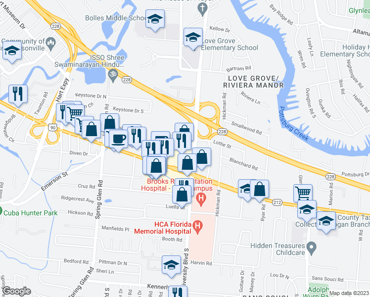 map of restaurants, bars, coffee shops, grocery stores, and more near 5751 Beach Boulevard in Jacksonville
