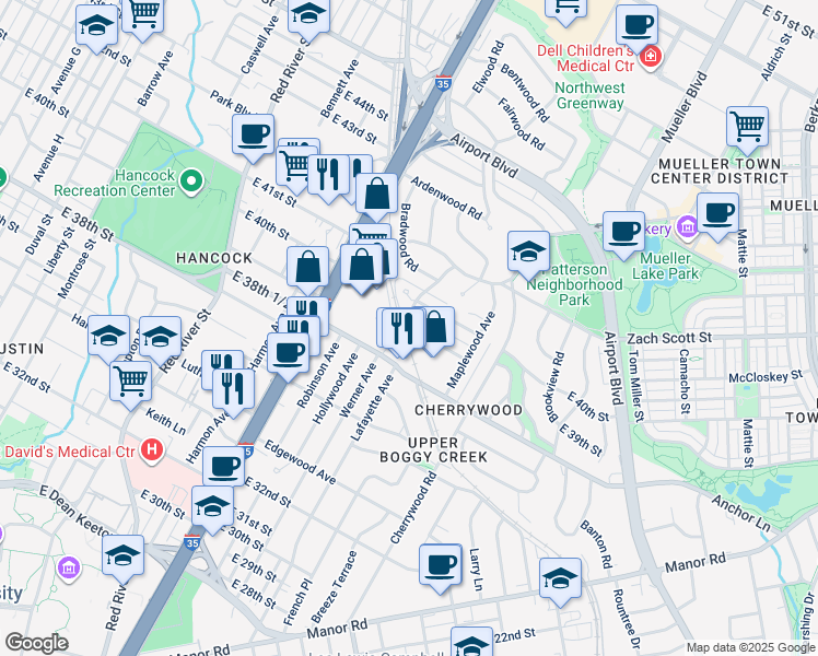 map of restaurants, bars, coffee shops, grocery stores, and more near 1401 Ashwood Road in Austin