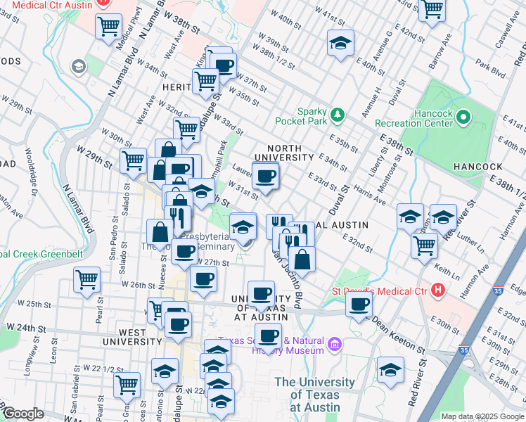 map of restaurants, bars, coffee shops, grocery stores, and more near 105 East 30th Street in Austin