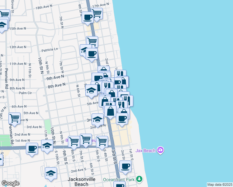 map of restaurants, bars, coffee shops, grocery stores, and more near 133b 5th Avenue North in Jacksonville Beach