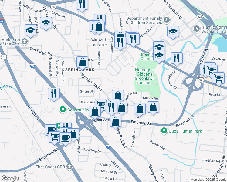 map of restaurants, bars, coffee shops, grocery stores, and more near 2943 Spring Park Road in Jacksonville