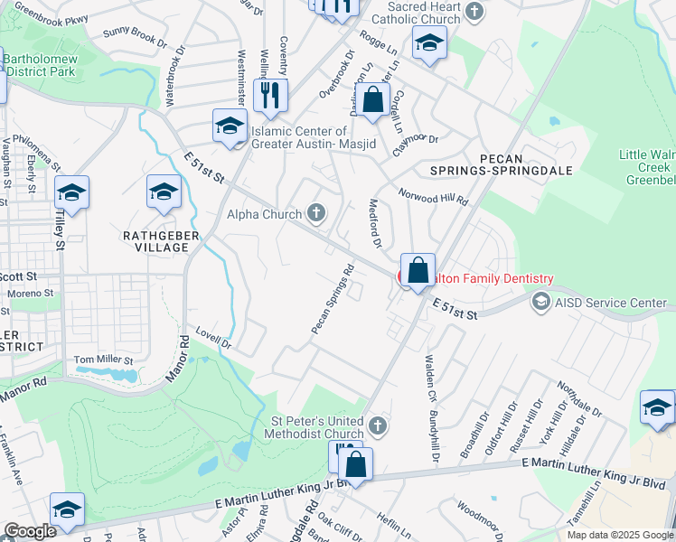 map of restaurants, bars, coffee shops, grocery stores, and more near 5001 Pecan Springs Road in Austin
