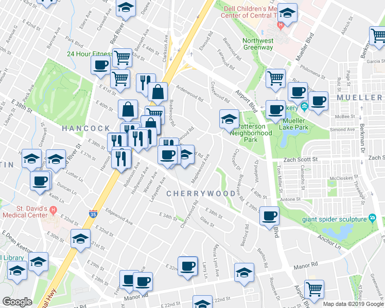map of restaurants, bars, coffee shops, grocery stores, and more near 1502 Ashwood Road in Austin