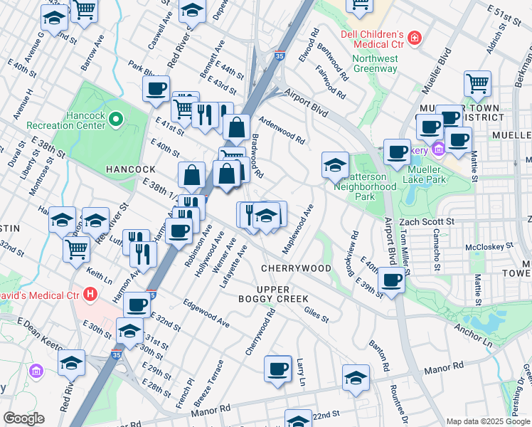 map of restaurants, bars, coffee shops, grocery stores, and more near 1316 East 38th 1/2 Street in Austin